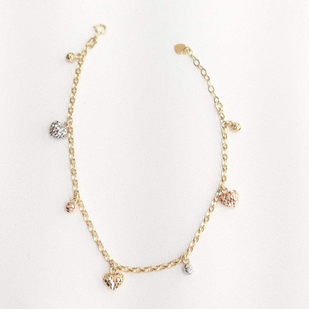 14kt Real Gold Tricolor Heart Charm Bracelet 8 Inch